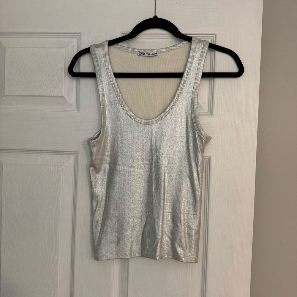 Zara Metallic Silver Scoop Neck Tank